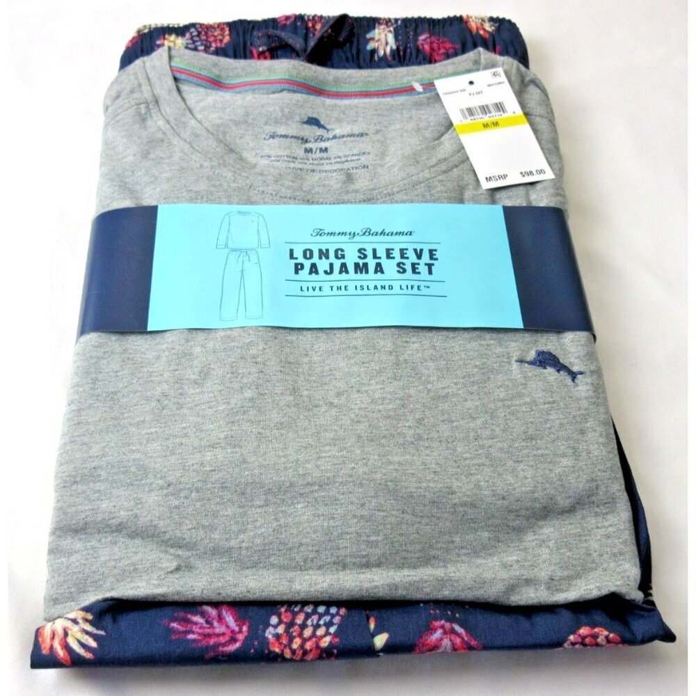 Tommy Bahama Men's Long Sleeve Island Life 2 Piece PJ set Navy Blue Grey NEW - Picture 1 of 5